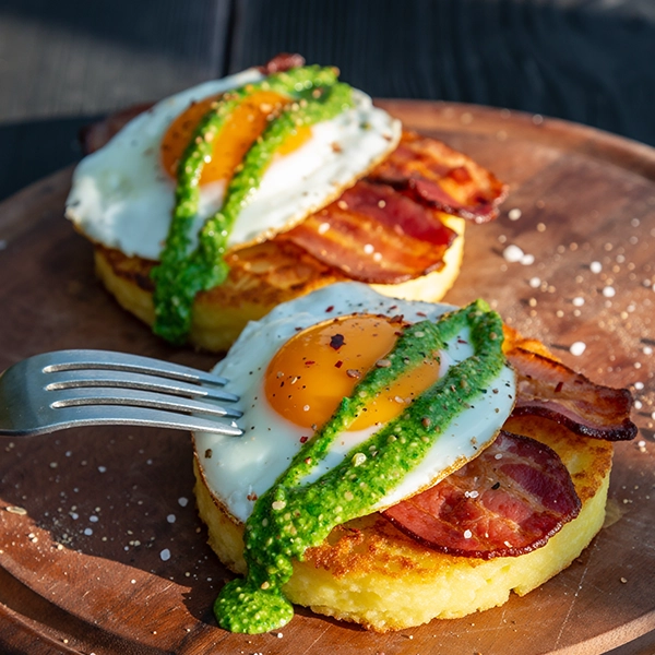 Potato Cakes with Bacon, Eggs and Mojo Sauce